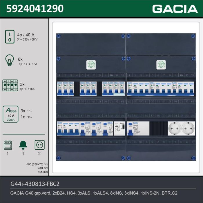 GACIA G44i-430813-FBC2, 3-fase groepenkast 40A met installatieautomaten, 12-groepen, fornuisgroep, beltrafo, 2V-contactdoos, technische gegevens