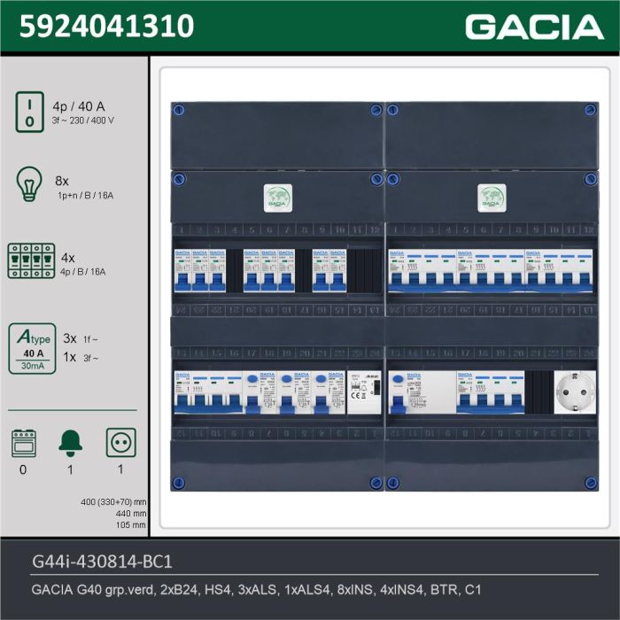 GACIA G44i-430814-BC1, 3-fase groepenkast 40A met installatieautomaten, 12-groepen, beltrafo, 1V-contactdoos, technische gegevens