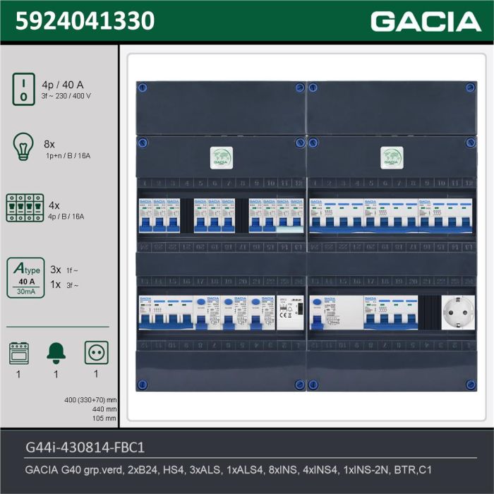 GACIA G44i-430814-FBC1, 3-fase groepenkast 40A met installatieautomaten, 13-groepen, fornuisgroep, beltrafo, 1V-contactdoos, technische gegevens