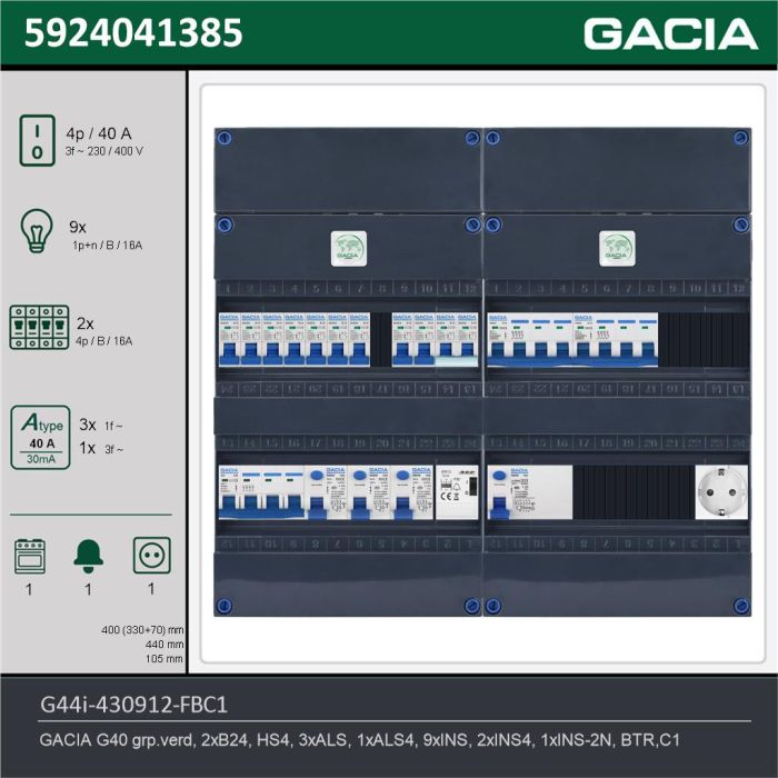 GACIA G44i-430912-FBC1, 3-fase groepenkast 40A met installatieautomaten, 12-groepen, fornuisgroep, beltrafo, 1V-contactdoos, technische gegevens