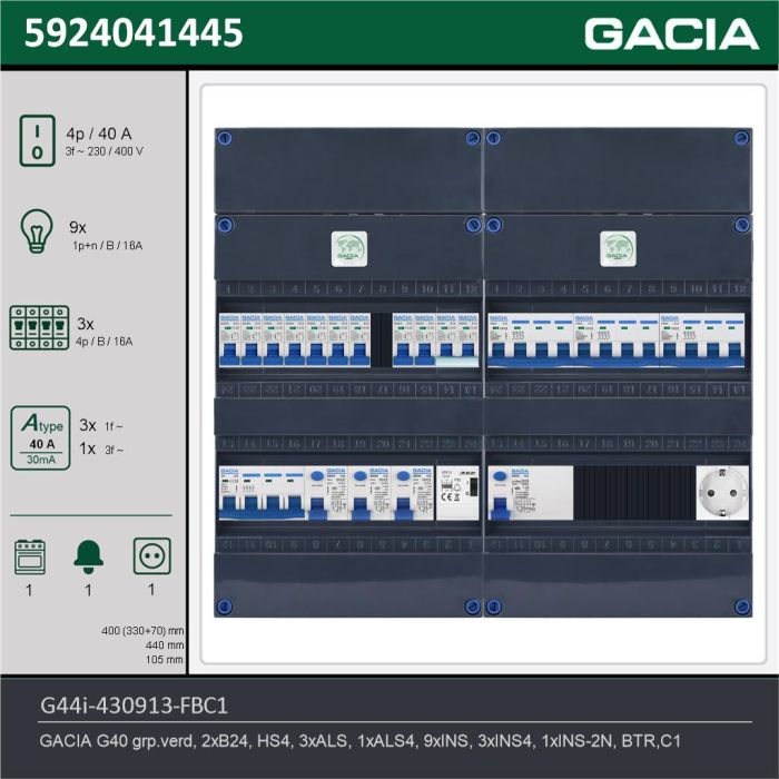 GACIA G44i-430913-FBC1, 3-fase groepenkast 40A met installatieautomaten, 13-groepen, fornuisgroep, beltrafo, 1V-contactdoos, technische gegevens
