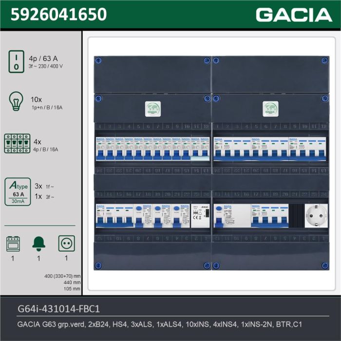 GACIA G64i-431014-FBC1, 3-fase groepenkast 63A met installatieautomaten, 15-groepen, fornuisgroep, beltrafo, 1V-contactdoos, technische gegevens
