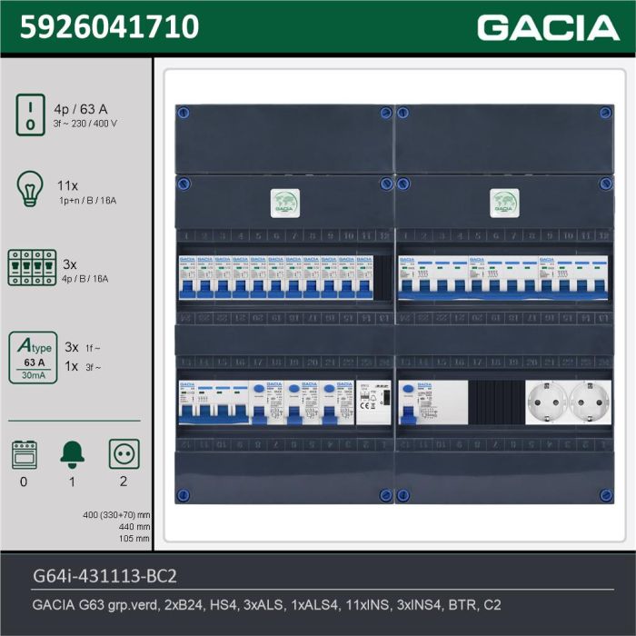 GACIA G64i-431113-BC2, 3-fase groepenkast 63A met installatieautomaten, 14-groepen, beltrafo, 2V-contactdoos, technische gegevens