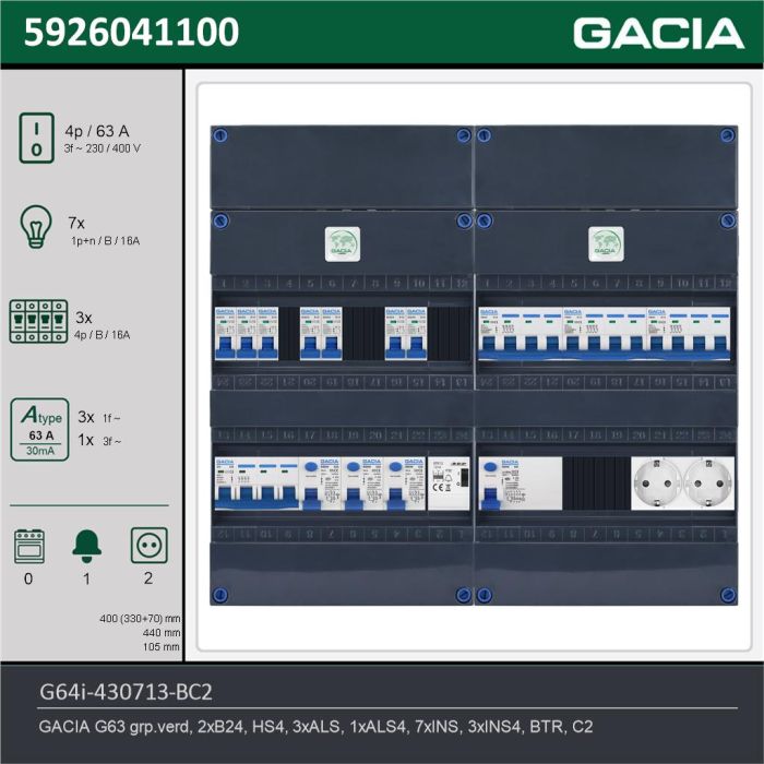 GACIA G64i-430713-BC2, 3-fase groepenkast 63A met installatieautomaten, 10-groepen, beltrafo, 2V-contactdoos, technische gegevens