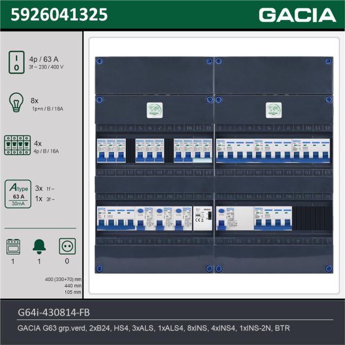 GACIA G64i-430814-FB, 3-fase groepenkast 63A met installatieautomaten, 13-groepen, fornuisgroep, beltrafo, technische gegevens