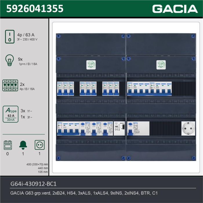 GACIA G64i-430912-BC1, 3-fase groepenkast 63A met installatieautomaten, 11-groepen, beltrafo, 1V-contactdoos, technische gegevens