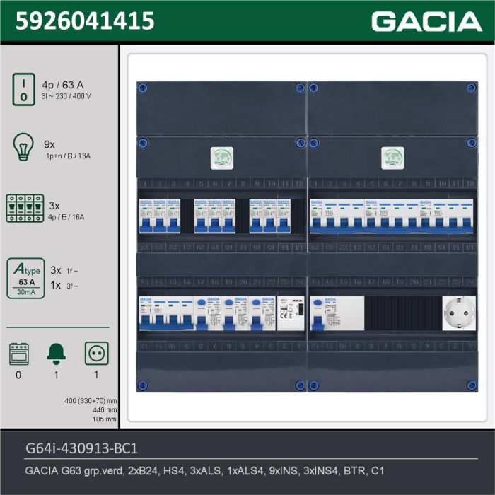 GACIA G64i-430913-BC1, 3-fase groepenkast 63A met installatieautomaten, 12-groepen, beltrafo, 1V-contactdoos, technische gegevens