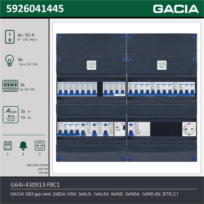 GACIA G64i-430913-FBC1, 3-fase groepenkast 63A met installatieautomaten, 13-groepen, fornuisgroep, beltrafo, 1V-contactdoos, technische gegevens