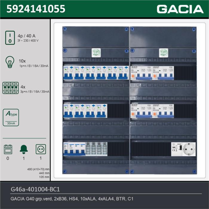 GACIA G46a-401004-BC1, 3-fase groepenkast 40A met aardlekautomaten, 14-groepen, beltrafo, 1V-contactdoos, technische gegevens
