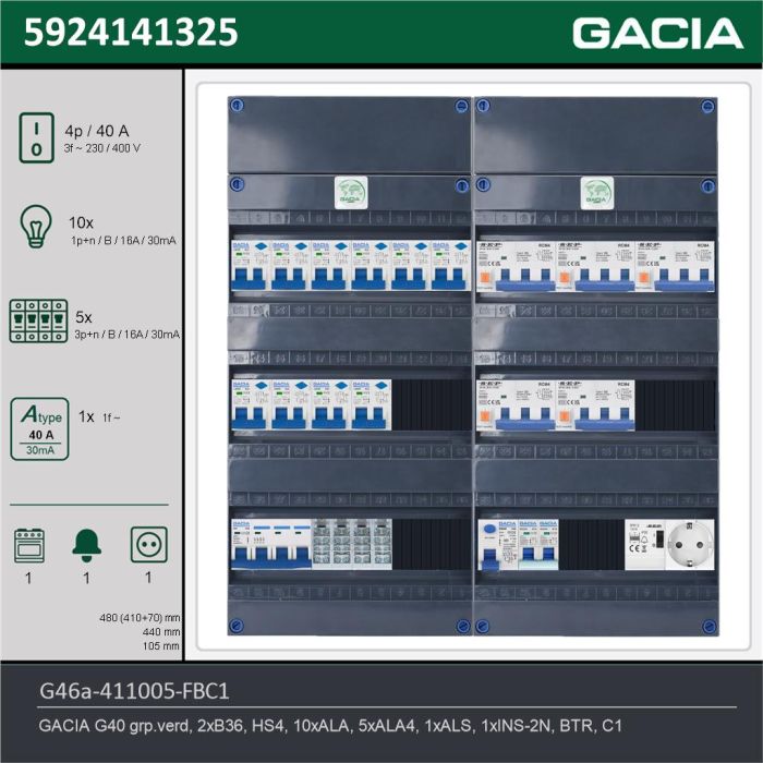 GACIA G46a-411005-FBC1, 3-fase groepenkast 40A met aardlekautomaten, 16-groepen, fornuisgroep, beltrafo, 1V-contactdoos, technische gegevens