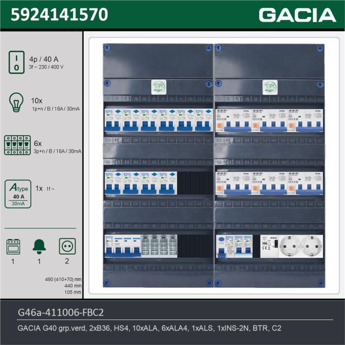 GACIA G46a-411006-FBC2, 3-fase groepenkast 40A met aardlekautomaten, 17-groepen, fornuisgroep, beltrafo, 2V-contactdoos, technische gegevens