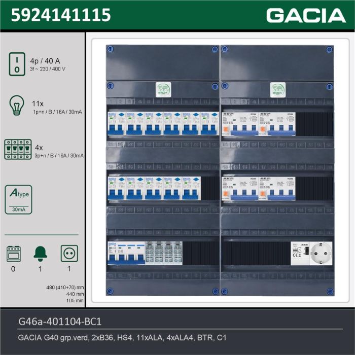 GACIA G46a-401104-BC1, 3-fase groepenkast 40A met aardlekautomaten, 15-groepen, beltrafo, 1V-contactdoos, technische gegevens