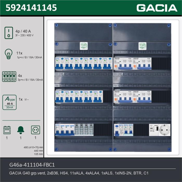 GACIA G46a-411104-FBC1, 3-fase groepenkast 40A met aardlekautomaten, 16-groepen, fornuisgroep, beltrafo, 1V-contactdoos, technische gegevens