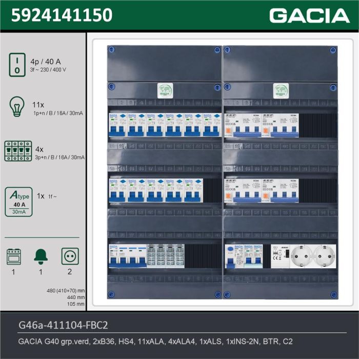 GACIA G46a-411104-FBC2, 3-fase groepenkast 40A met aardlekautomaten, 16-groepen, fornuisgroep, beltrafo, 2V-contactdoos, technische gegevens