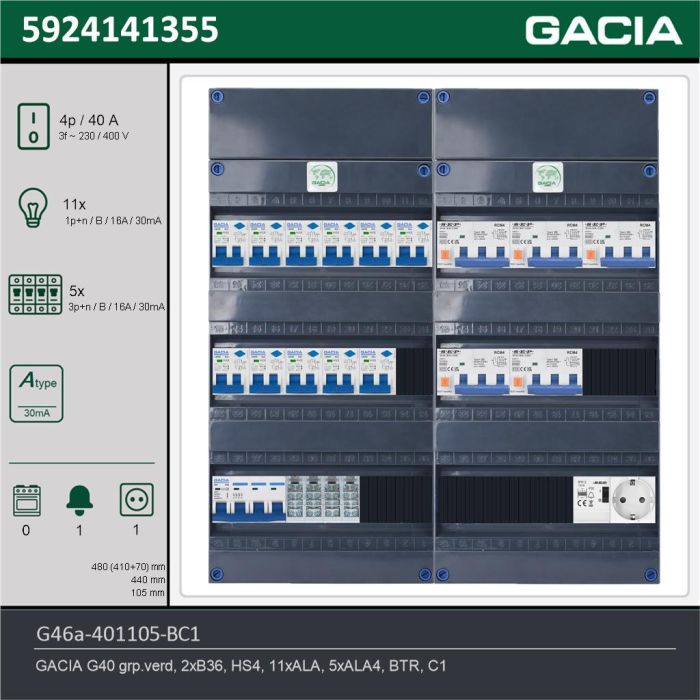 GACIA G46a-401105-BC1, 3-fase groepenkast 40A met aardlekautomaten, 16-groepen, beltrafo, 1V-contactdoos, technische gegevens