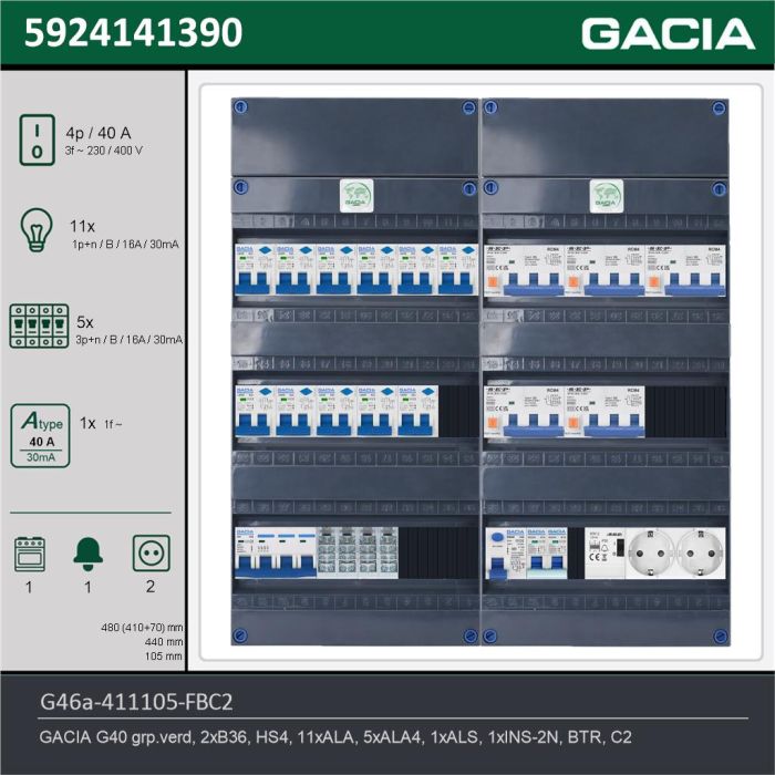 GACIA G46a-411105-FBC2, 3-fase groepenkast 40A met aardlekautomaten, 17-groepen, fornuisgroep, beltrafo, 2V-contactdoos, technische gegevens