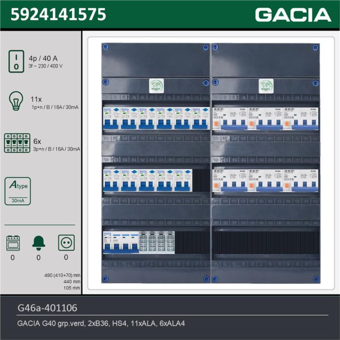 GACIA G46a-401106, 3-fase groepenkast 40A met aardlekautomaten, 17-groepen, technische gegevens