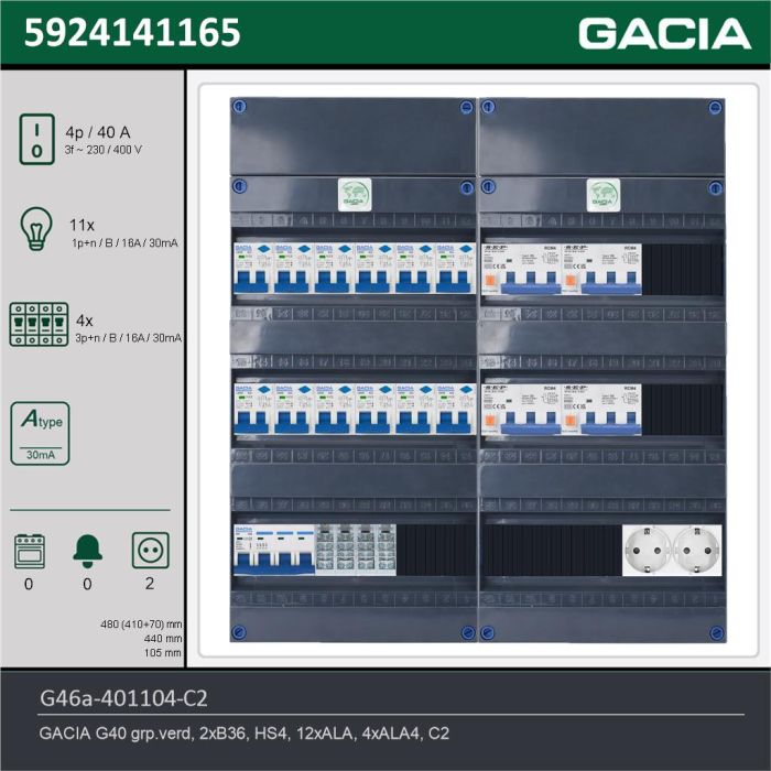 GACIA G46a-401104-C2, 3-fase groepenkast 40A met aardlekautomaten, 15-groepen, 2V-contactdoos, technische gegevens
