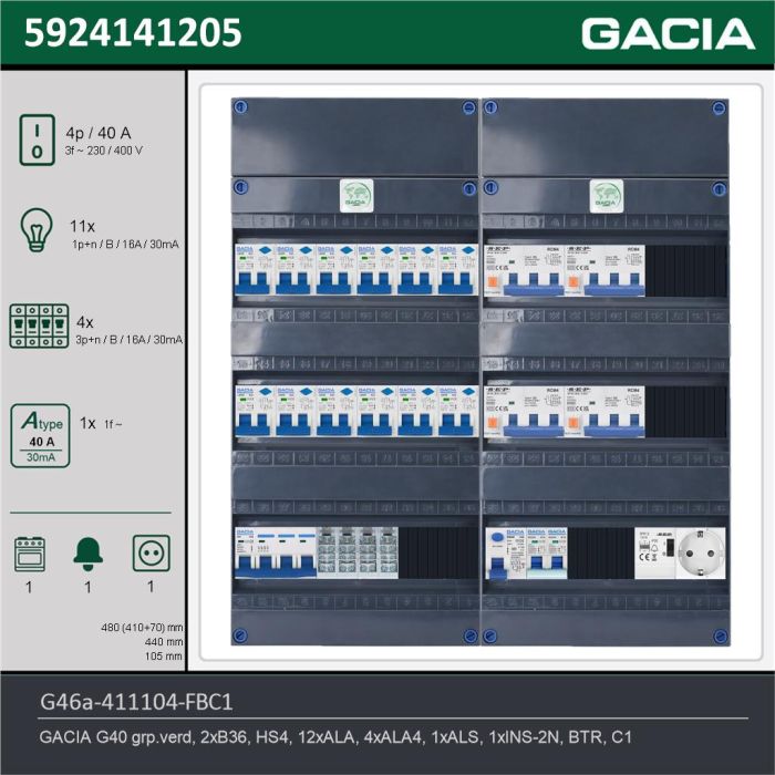 GACIA G46a-411104-FBC1, 3-fase groepenkast 40A met aardlekautomaten, 16-groepen, fornuisgroep, beltrafo, 1V-contactdoos, technische gegevens