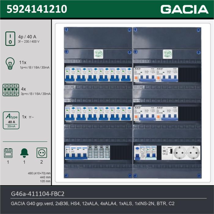 GACIA G46a-411104-FBC2, 3-fase groepenkast 40A met aardlekautomaten, 16-groepen, fornuisgroep, beltrafo, 2V-contactdoos, technische gegevens