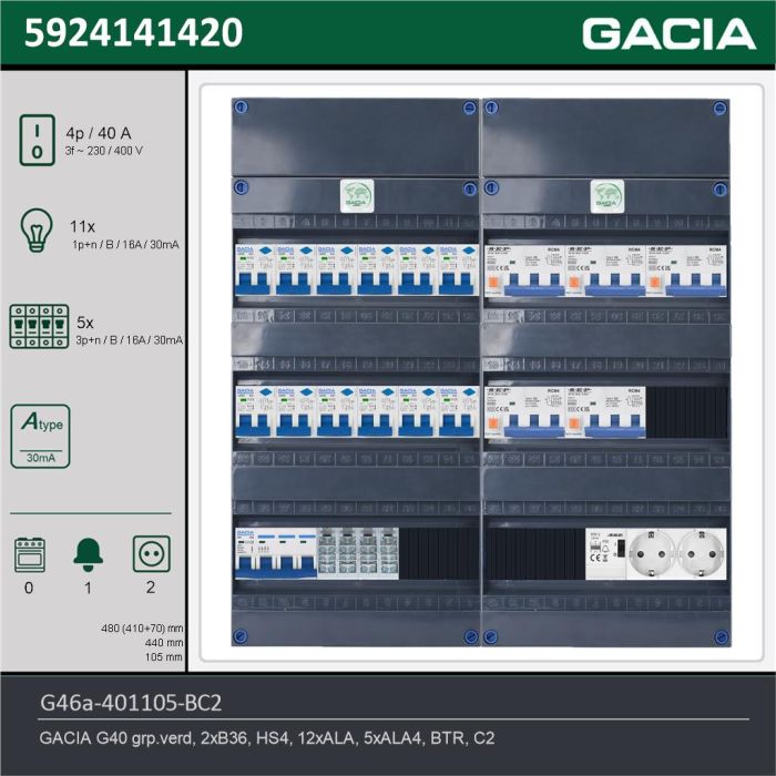 GACIA G46a-401105-BC2, 3-fase groepenkast 40A met aardlekautomaten, 16-groepen, beltrafo, 2V-contactdoos, technische gegevens