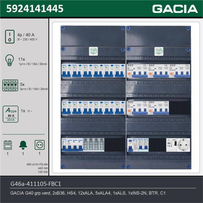 GACIA G46a-411105-FBC1, 3-fase groepenkast 40A met aardlekautomaten, 17-groepen, fornuisgroep, beltrafo, 1V-contactdoos, technische gegevens