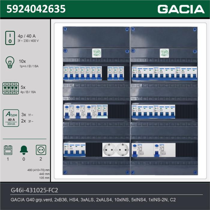 GACIA G46i-431025-FC2, 3-fase groepenkast 40A met installatieautomaten, 16-groepen, fornuisgroep, 2V-contactdoos, technische gegevens