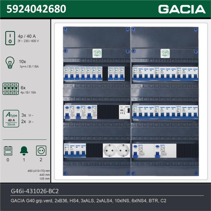 GACIA G46i-431026-BC2, 3-fase groepenkast 40A met installatieautomaten, 16-groepen, beltrafo, 2V-contactdoos, technische gegevens