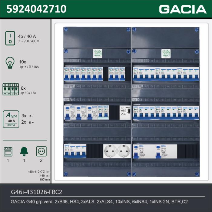 GACIA G46i-431026-FBC2, 3-fase groepenkast 40A met installatieautomaten, 17-groepen, fornuisgroep, beltrafo, 2V-contactdoos, technische gegevens