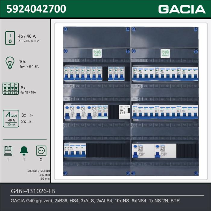 GACIA G46i-431026-FB, 3-fase groepenkast 40A met installatieautomaten, 17-groepen, fornuisgroep, beltrafo, technische gegevens