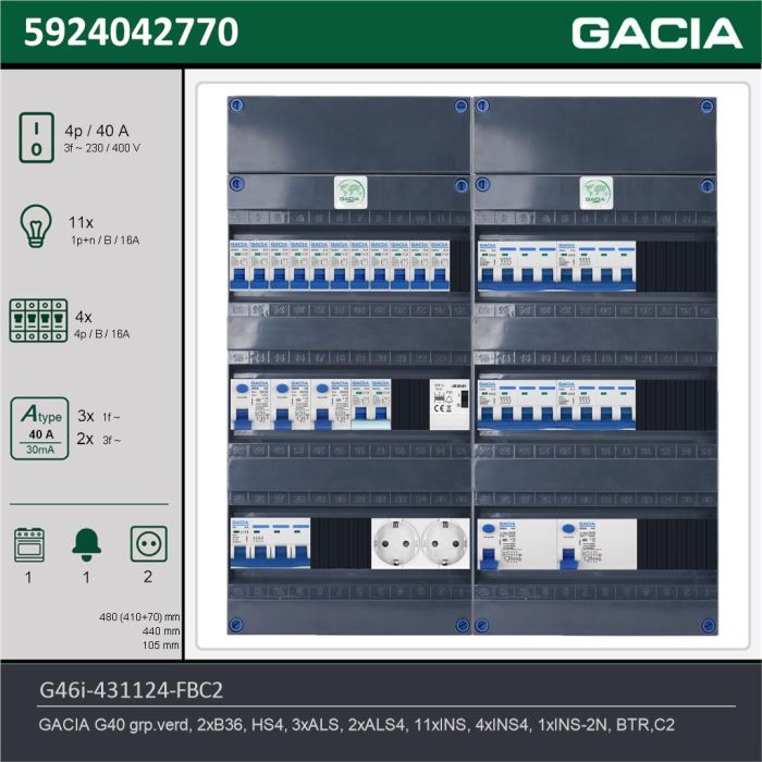 GACIA G46i-431124-FBC2, 3-fase groepenkast 40A met installatieautomaten, 16-groepen, fornuisgroep, beltrafo, 2V-contactdoos, technische gegevens