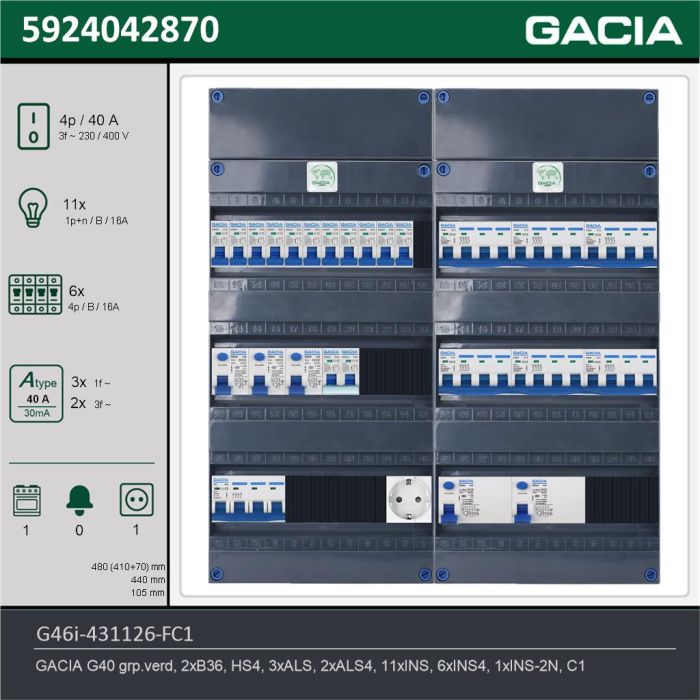 GACIA G46i-431126-FC1, 3-fase groepenkast 40A met installatieautomaten, 18-groepen, fornuisgroep, 1V-contactdoos, technische gegevens