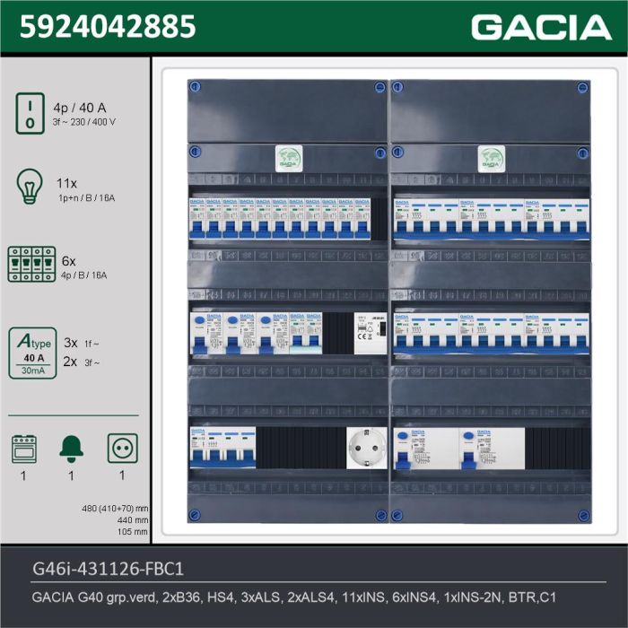 GACIA G46i-431126-FBC1, 3-fase groepenkast 40A met installatieautomaten, 18-groepen, fornuisgroep, beltrafo, 1V-contactdoos, technische gegevens
