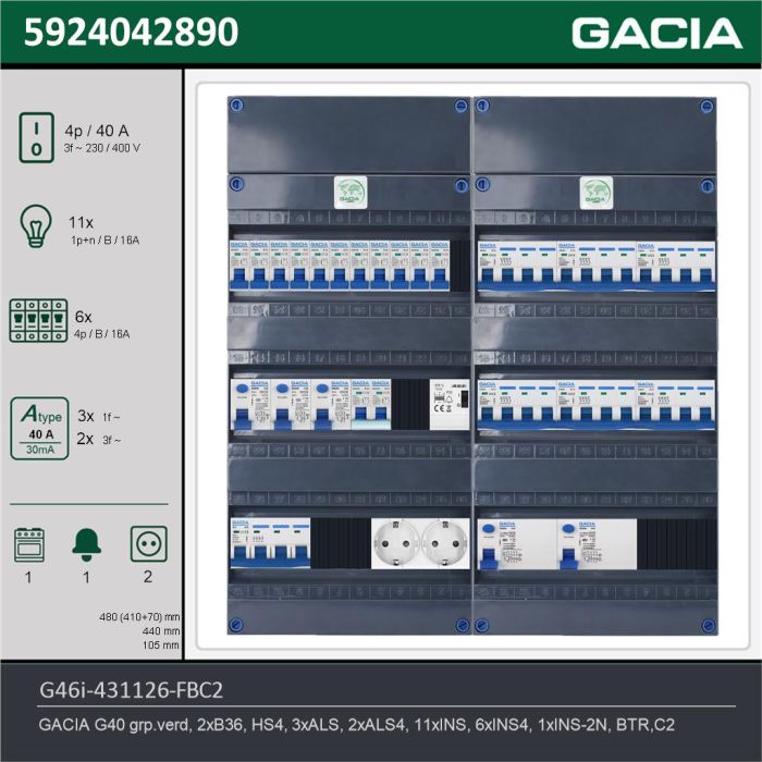 GACIA G46i-431126-FBC2, 3-fase groepenkast 40A met installatieautomaten, 18-groepen, fornuisgroep, beltrafo, 2V-contactdoos, technische gegevens