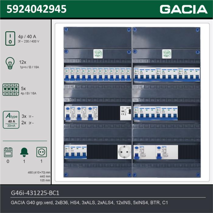 GACIA G46i-431225-BC1, 3-fase groepenkast 40A met installatieautomaten, 17-groepen, beltrafo, 1V-contactdoos, technische gegevens