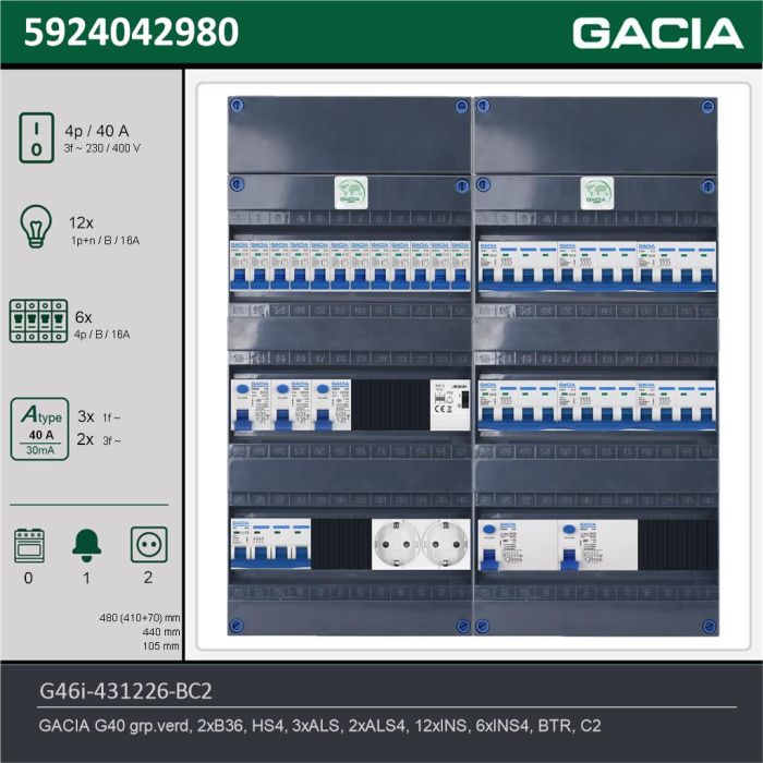 GACIA G46i-431226-BC2, 3-fase groepenkast 40A met installatieautomaten, 18-groepen, beltrafo, 2V-contactdoos, technische gegevens
