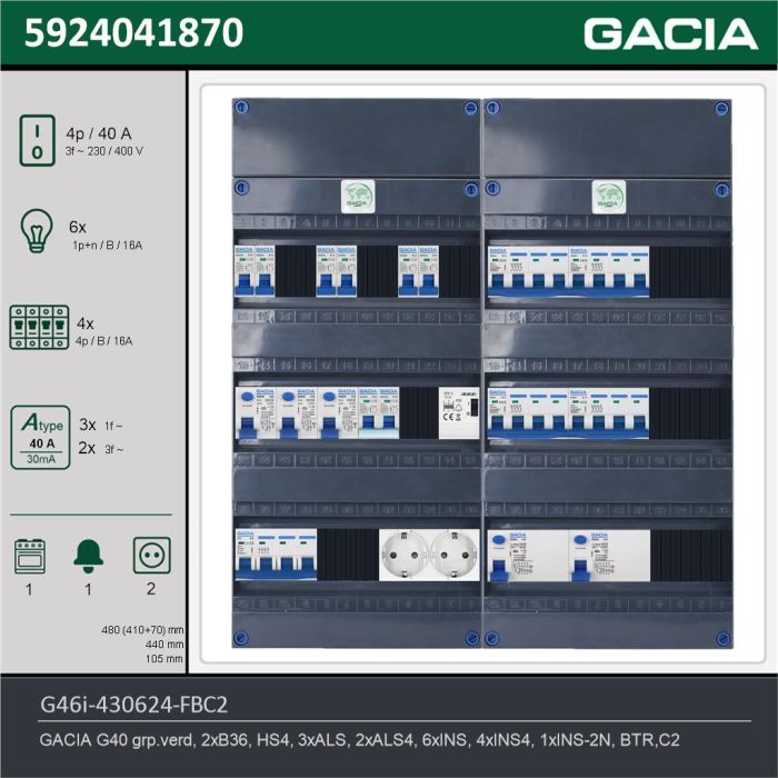 GACIA G46i-430624-FBC2, 3-fase groepenkast 40A met installatieautomaten, 11-groepen, fornuisgroep, beltrafo, 2V-contactdoos, technische gegevens