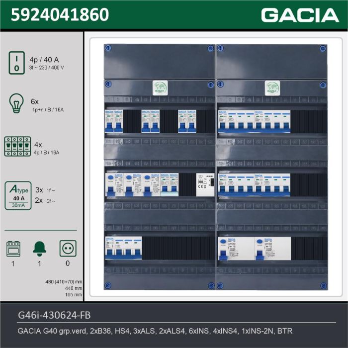 GACIA G46i-430624-FB, 3-fase groepenkast 40A met installatieautomaten, 11-groepen, fornuisgroep, beltrafo, technische gegevens