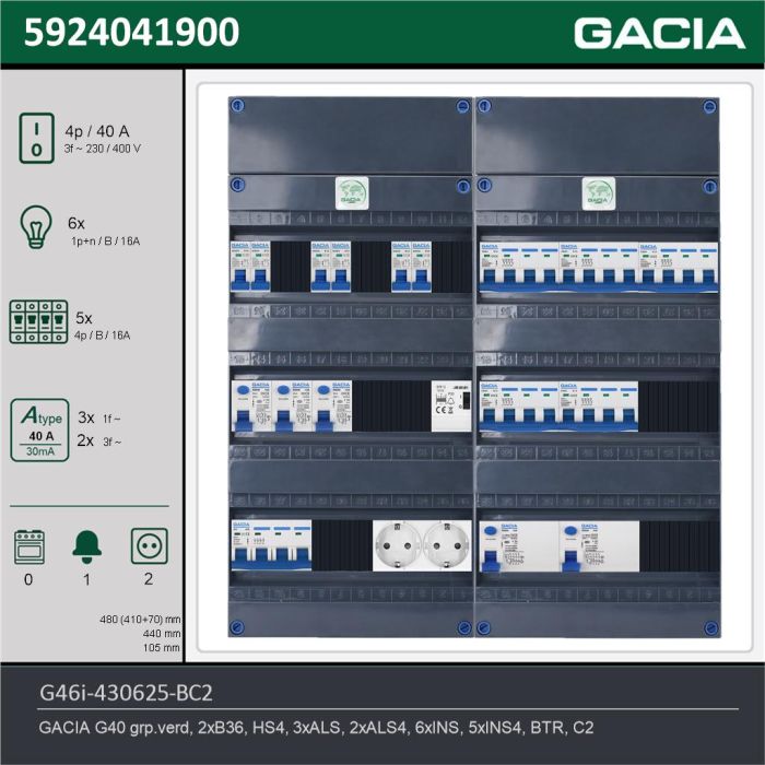 GACIA G46i-430625-BC2, 3-fase groepenkast 40A met installatieautomaten, 11-groepen, beltrafo, 2V-contactdoos, technische gegevens