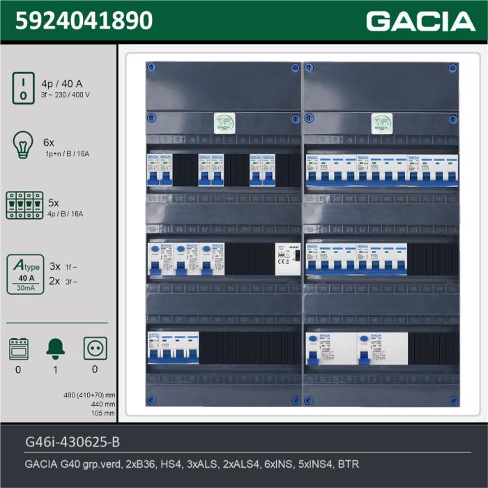 GACIA G46i-430625-B, 3-fase groepenkast 40A met installatieautomaten, 11-groepen, beltrafo, technische gegevens