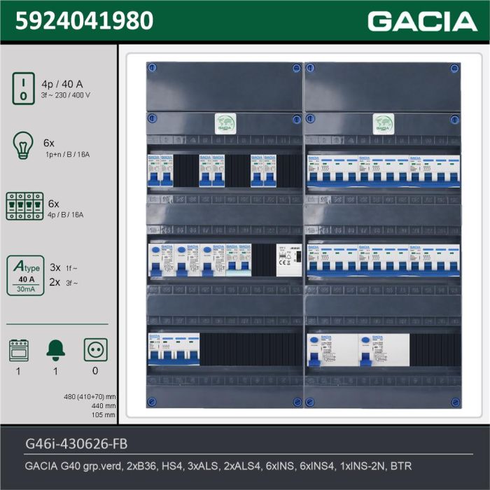 GACIA G46i-430626-FB, 3-fase groepenkast 40A met installatieautomaten, 13-groepen, fornuisgroep, beltrafo, technische gegevens