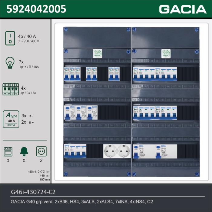 GACIA G46i-430724-C2, 3-fase groepenkast 40A met installatieautomaten, 11-groepen, 2V-contactdoos, technische gegevens