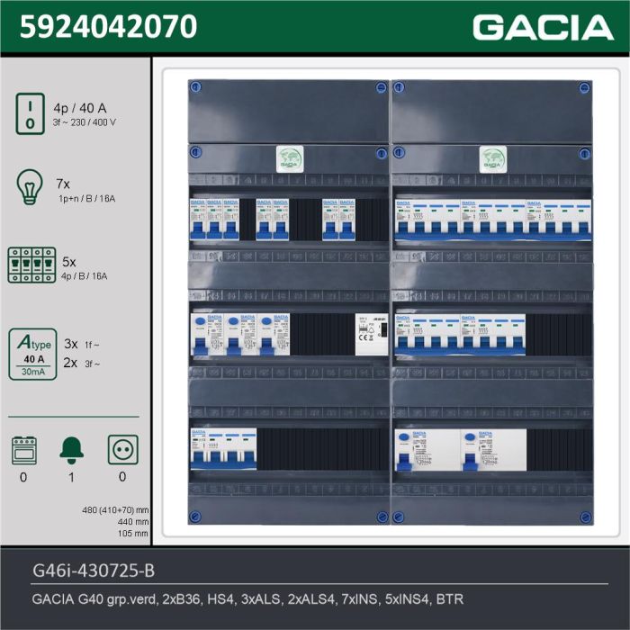 GACIA G46i-430725-B, 3-fase groepenkast 40A met installatieautomaten, 12-groepen, beltrafo, technische gegevens