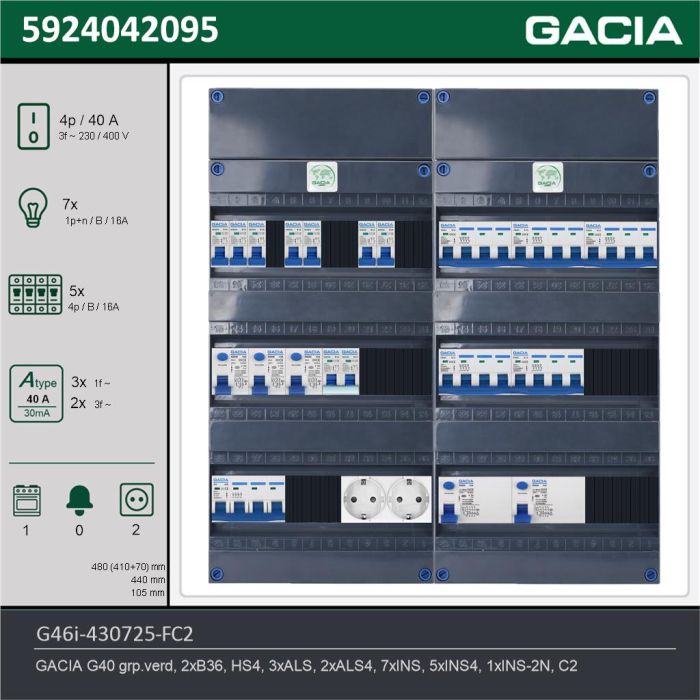 GACIA G46i-430725-FC2, 3-fase groepenkast 40A met installatieautomaten, 13-groepen, fornuisgroep, 2V-contactdoos, technische gegevens