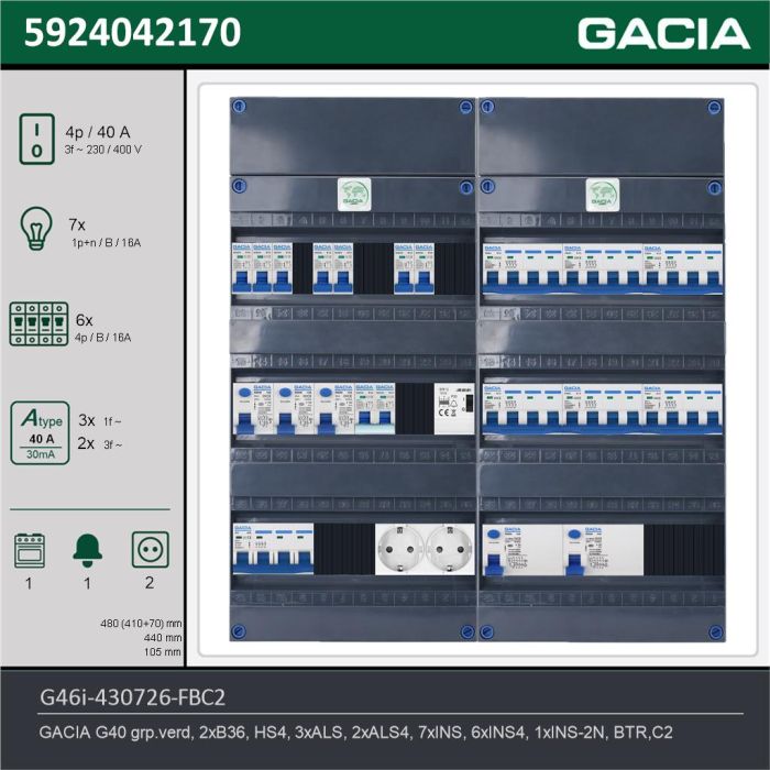 GACIA G46i-430726-FBC2, 3-fase groepenkast 40A met installatieautomaten, 14-groepen, fornuisgroep, beltrafo, 2V-contactdoos, technische gegevens