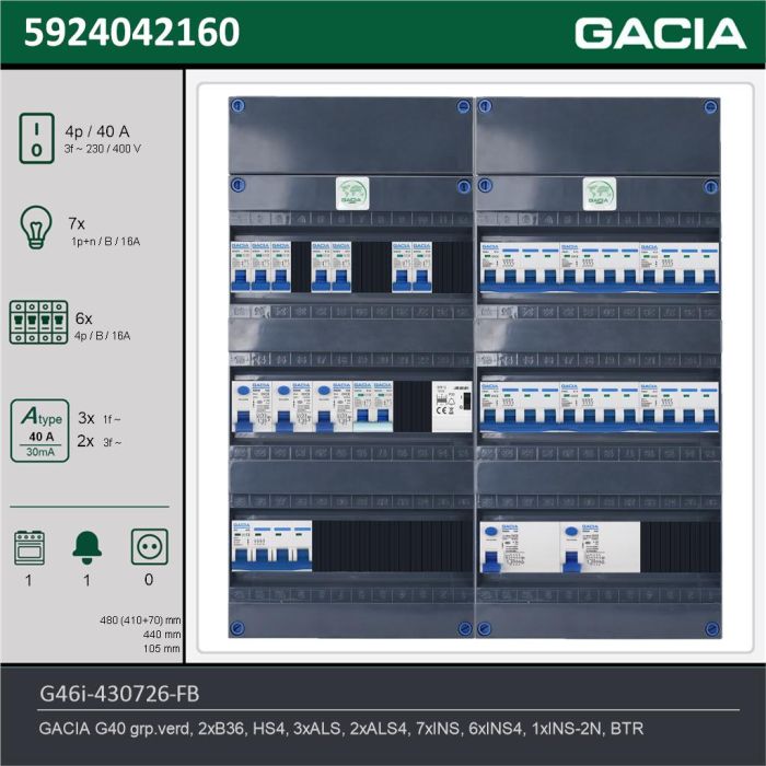 GACIA G46i-430726-FB, 3-fase groepenkast 40A met installatieautomaten, 14-groepen, fornuisgroep, beltrafo, technische gegevens