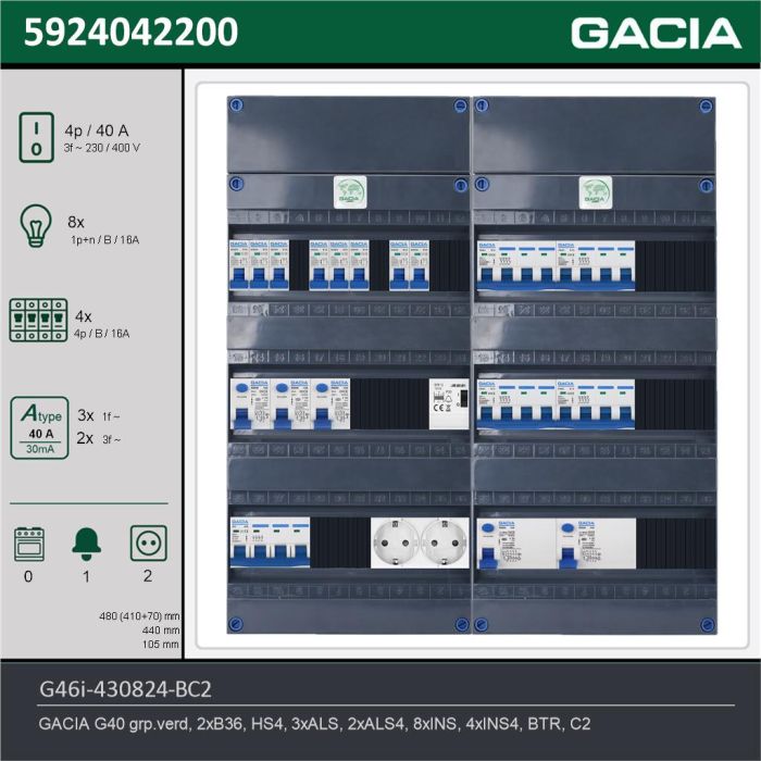GACIA G46i-430824-BC2, 3-fase groepenkast 40A met installatieautomaten, 12-groepen, beltrafo, 2V-contactdoos, technische gegevens