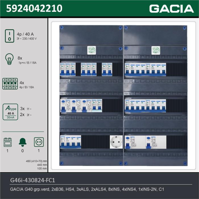 GACIA G46i-430824-FC1, 3-fase groepenkast 40A met installatieautomaten, 13-groepen, fornuisgroep, 1V-contactdoos, technische gegevens