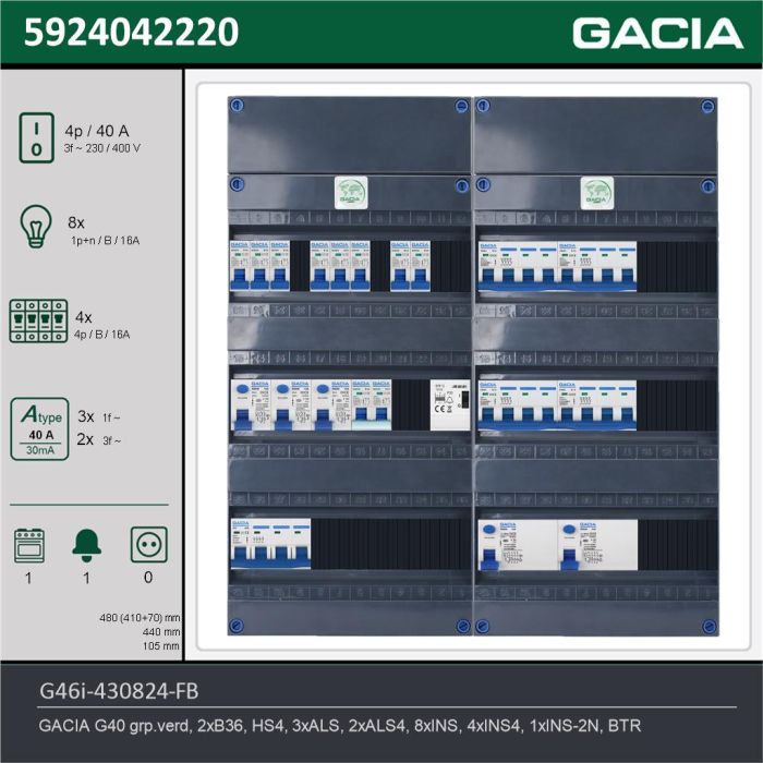 GACIA G46i-430824-FB, 3-fase groepenkast 40A met installatieautomaten, 13-groepen, fornuisgroep, beltrafo, technische gegevens