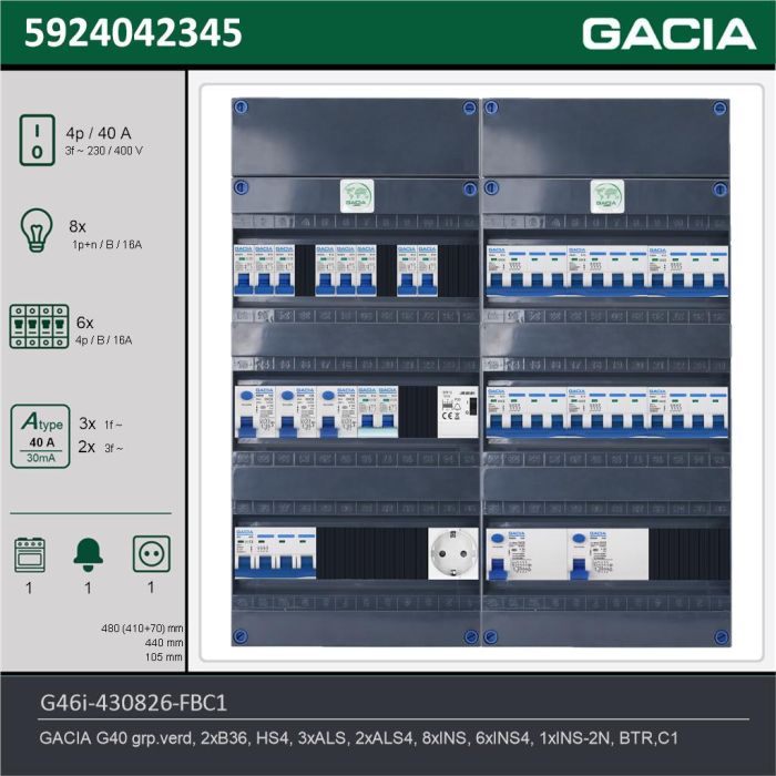 GACIA G46i-430826-FBC1, 3-fase groepenkast 40A met installatieautomaten, 15-groepen, fornuisgroep, beltrafo, 1V-contactdoos, technische gegevens